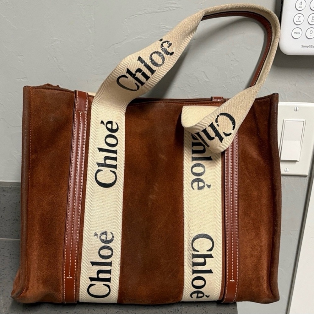Chloé Woody Tote Medium Brown Suede Canvas Logo Strap Authentic